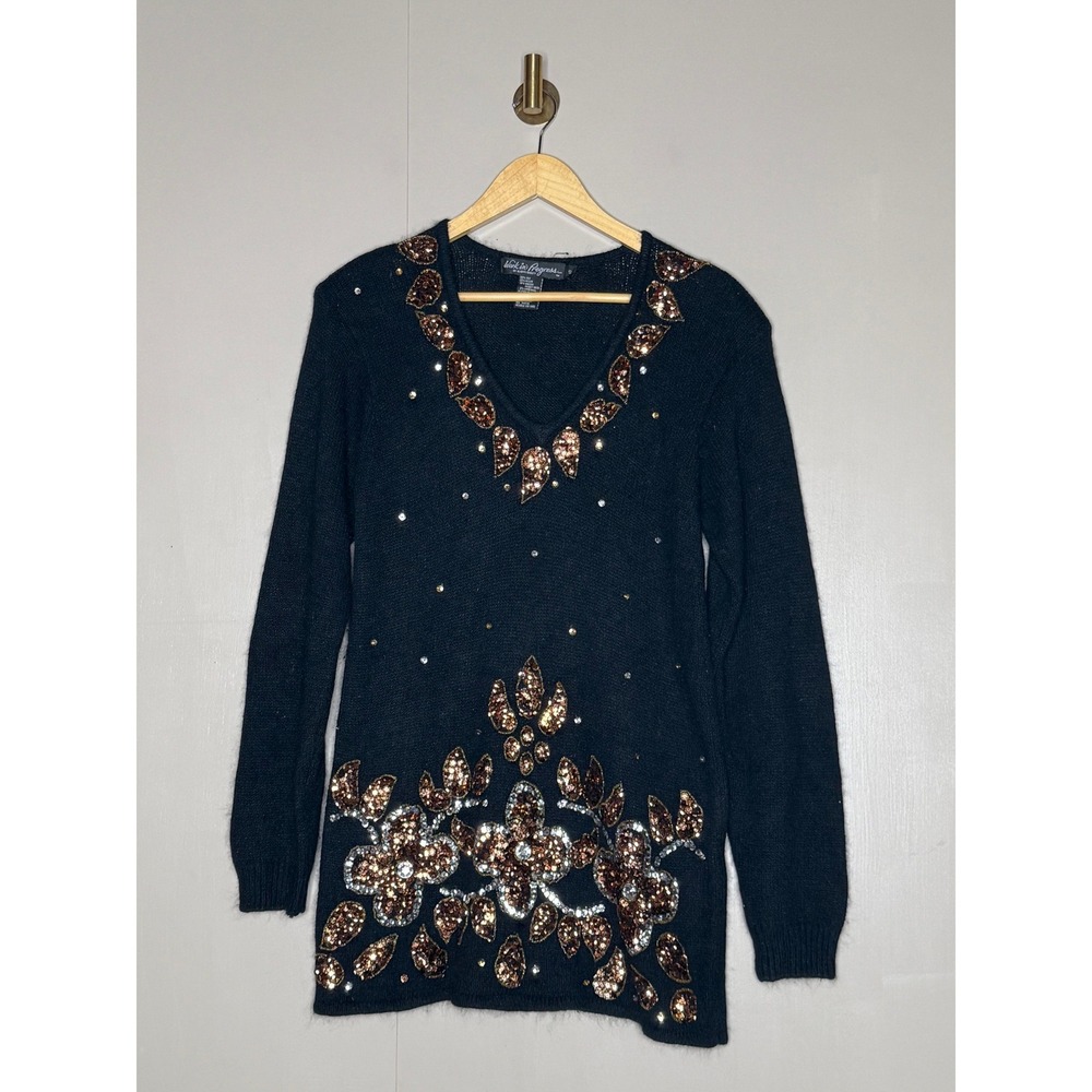 Vintage Work In Progress Silk Angora Beaded Sweater Embellished Floral S